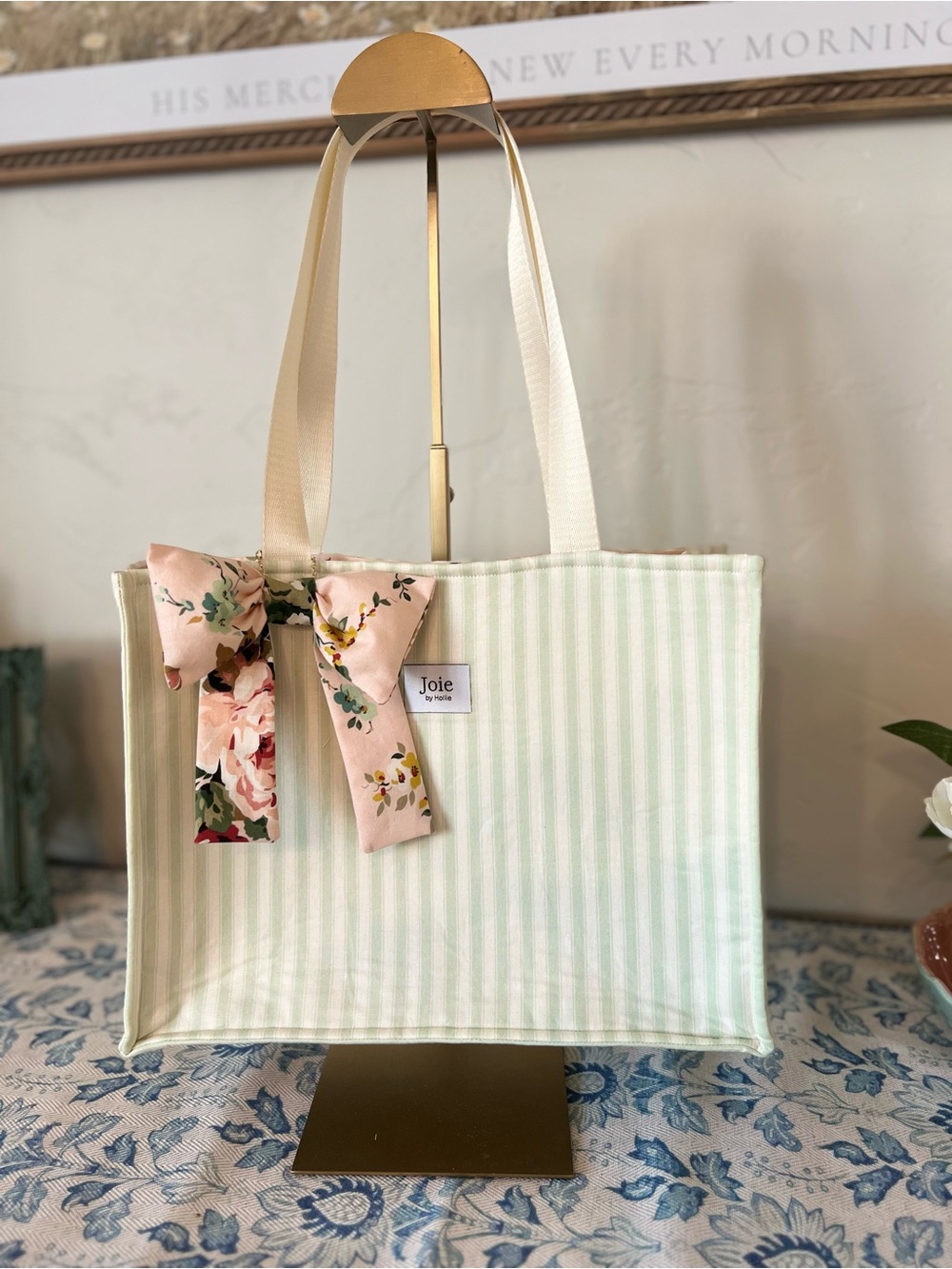Joie by HollieMint Green and Cream Striped Tote with Pink Floral Bow $65 Firm 🌷